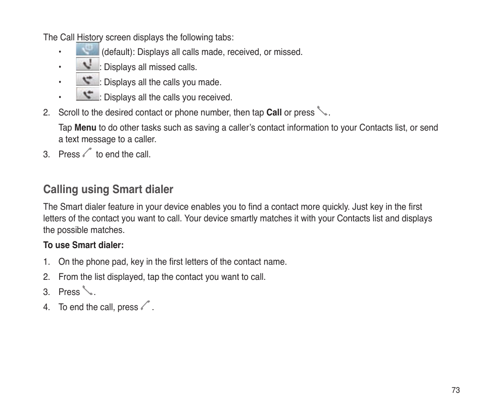 Calling using smart dialer | Asus P565 User Manual | Page 73 / 190