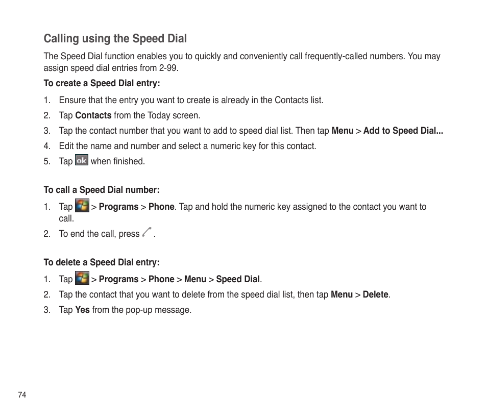 Calling using the speed dial | Asus P565 User Manual | Page 74 / 190
