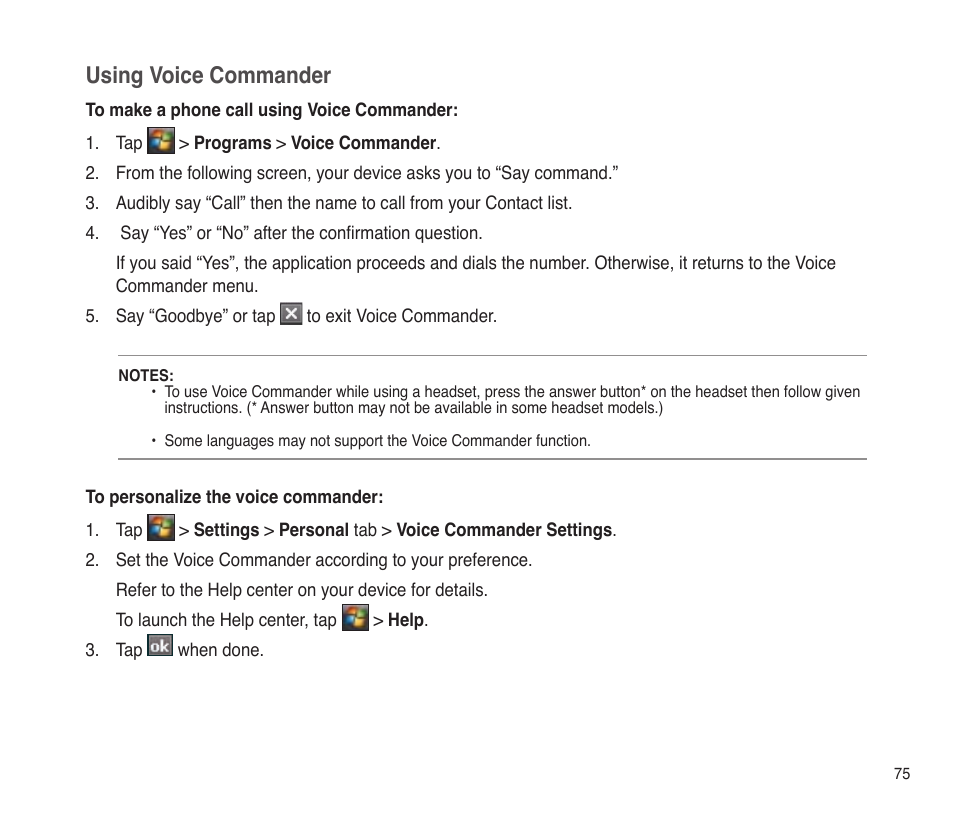 Using voice commander | Asus P565 User Manual | Page 75 / 190