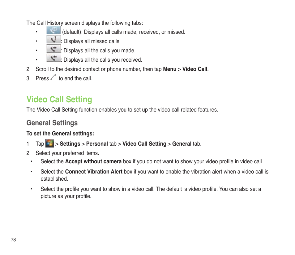 Video call setting, General settings | Asus P565 User Manual | Page 78 / 190