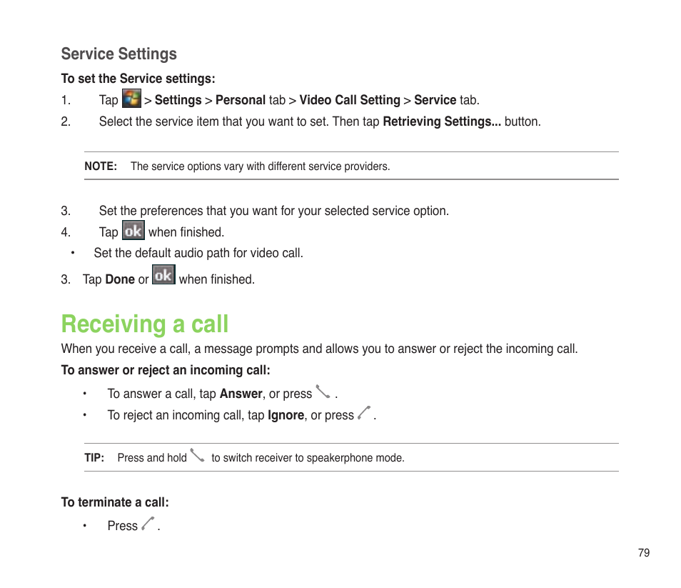 Receiving a call, Service settings | Asus P565 User Manual | Page 79 / 190