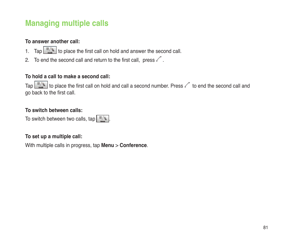 Managing multiple calls | Asus P565 User Manual | Page 81 / 190