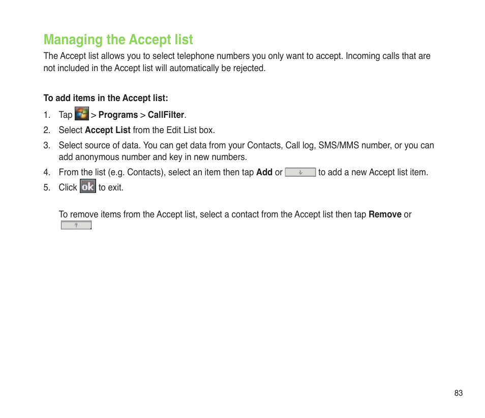 Managing the accept list | Asus P565 User Manual | Page 83 / 190