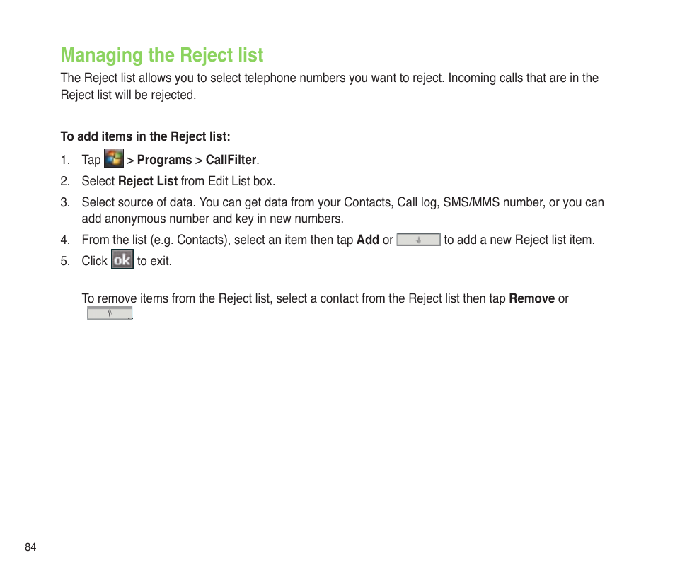 Managing the reject list | Asus P565 User Manual | Page 84 / 190