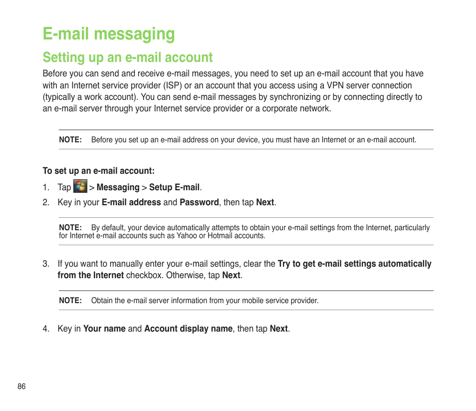E-mail messaging, Setting up an e-mail account | Asus P565 User Manual | Page 86 / 190