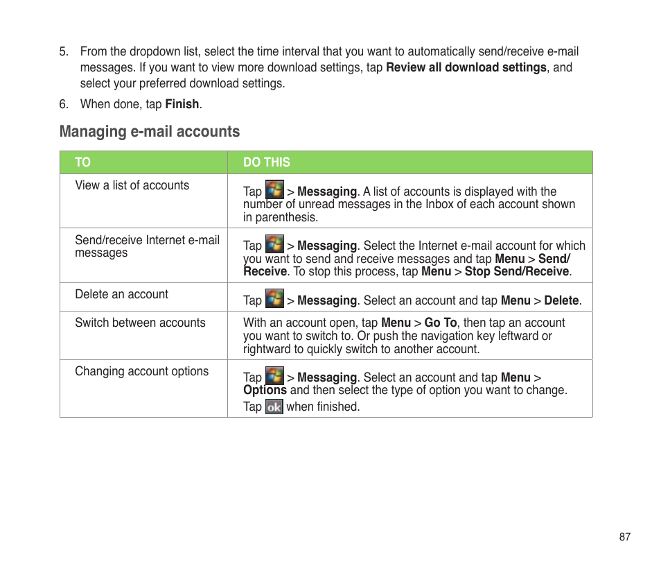 Managing e-mail accounts | Asus P565 User Manual | Page 87 / 190