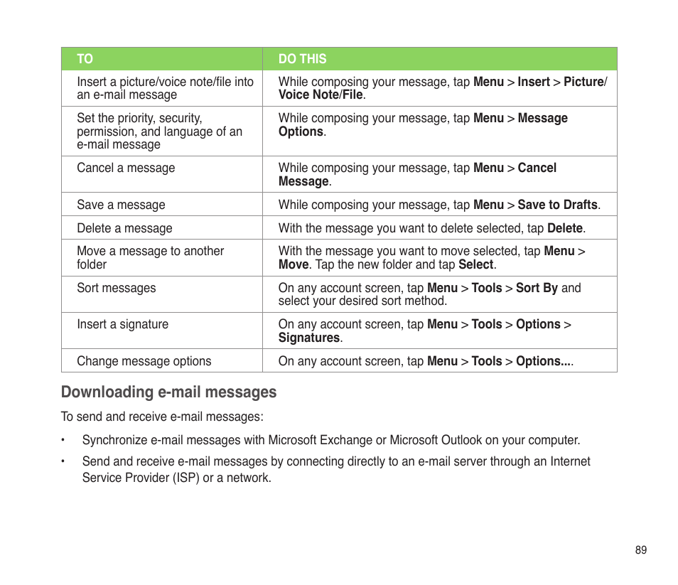 Downloading e-mail messages | Asus P565 User Manual | Page 89 / 190