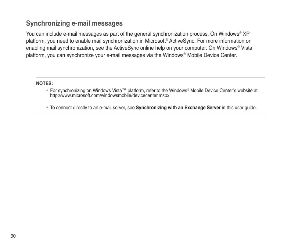 Synchronizing e-mail messages | Asus P565 User Manual | Page 90 / 190