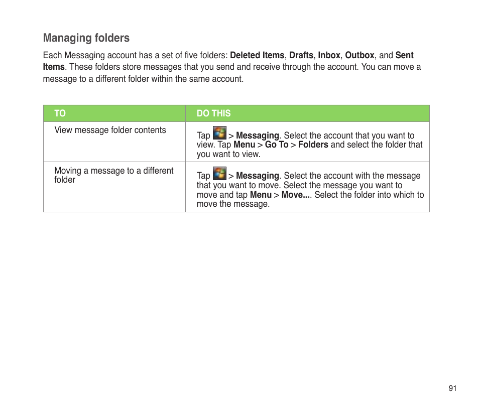 Managing folders | Asus P565 User Manual | Page 91 / 190