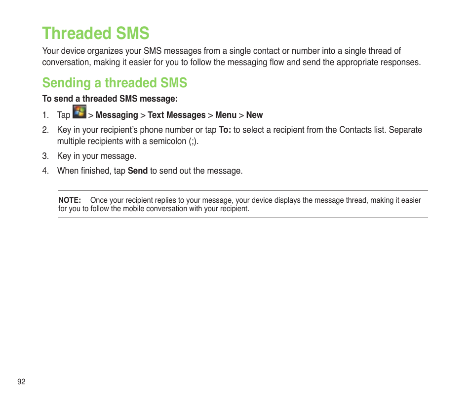 Threaded sms, Sending a threaded sms | Asus P565 User Manual | Page 92 / 190