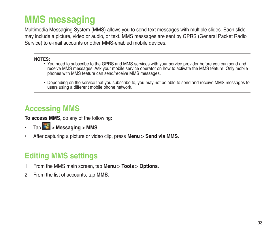 Mms messaging, Accessing mms, Editing mms settings | Accessing mms  editing mms settings | Asus P565 User Manual | Page 93 / 190
