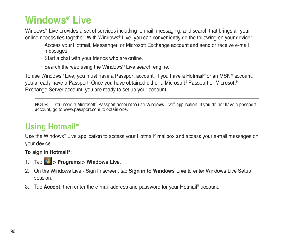 Windows® live, Using hotmail, Windows | Live | Asus P565 User Manual | Page 96 / 190