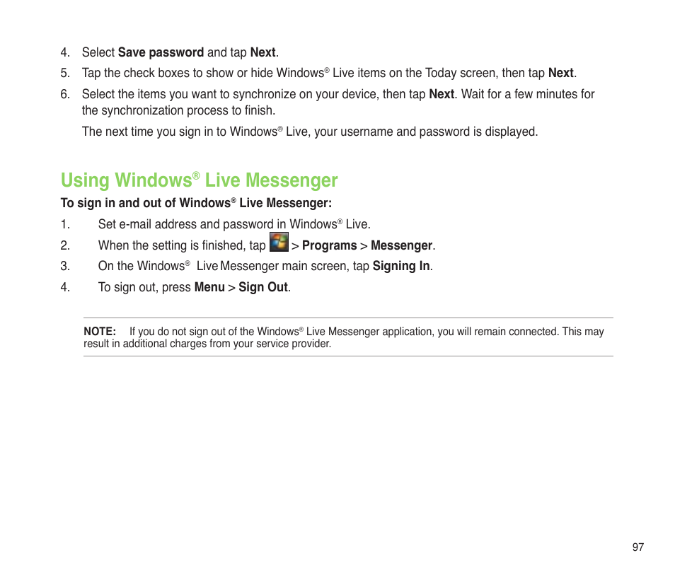 Using windows® live messenger, Using windows, Live messenger | Asus P565 User Manual | Page 97 / 190