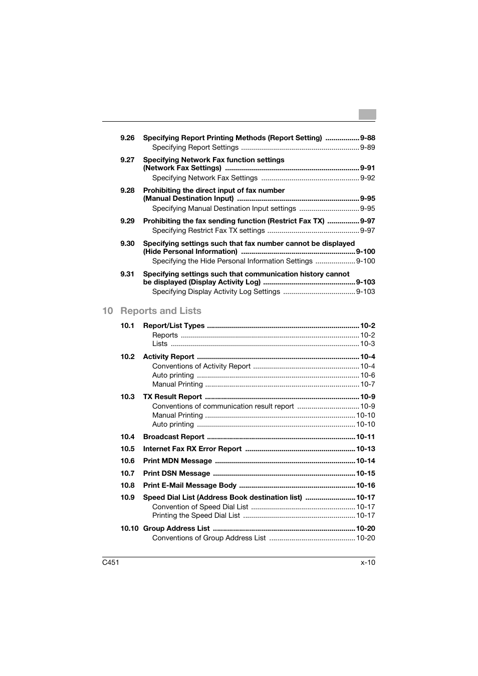 10 reports and lists | Konica Minolta bizhub C451 User Manual | Page 11 / 399