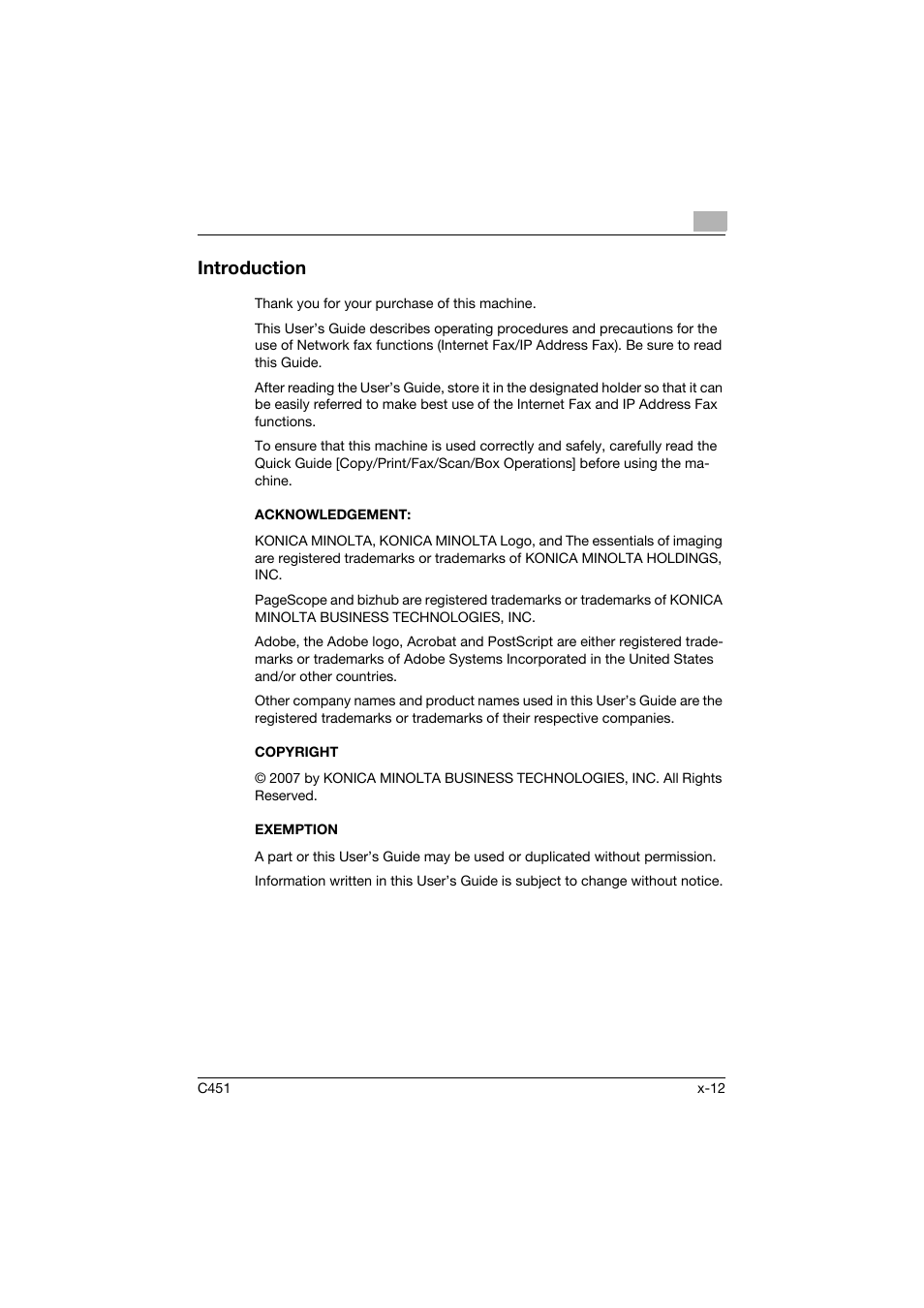Introduction, Acknowledgement, Copyright | Exemption | Konica Minolta bizhub C451 User Manual | Page 13 / 399