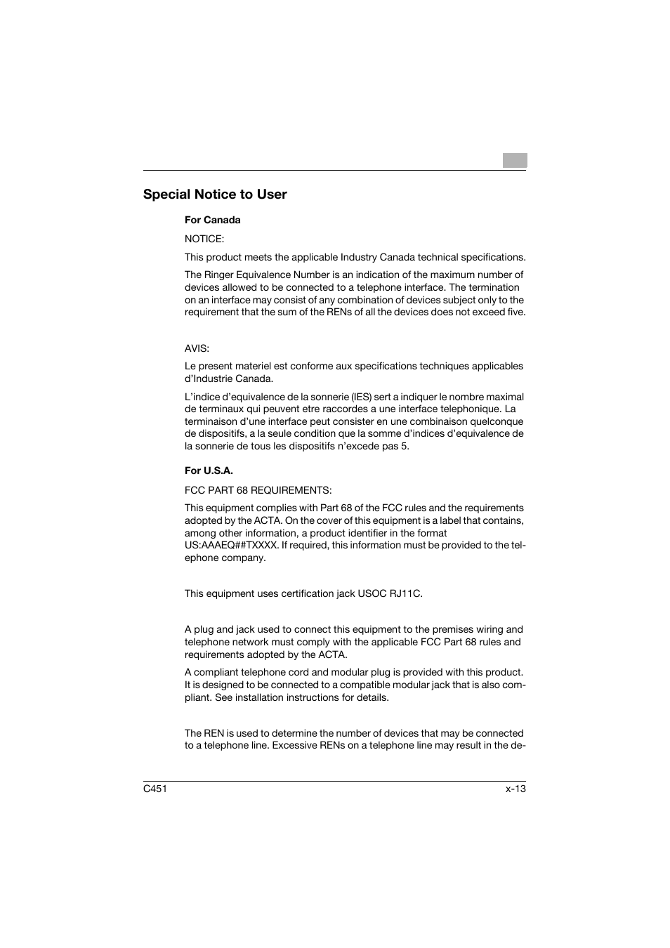 Special notice to user, For canada, For u.s.a | Konica Minolta bizhub C451 User Manual | Page 14 / 399