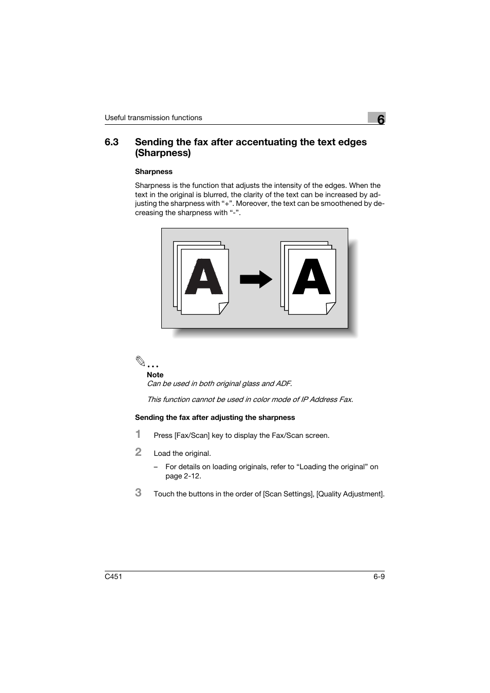 Sharpness, Sending the fax after adjusting the sharpness | Konica Minolta bizhub C451 User Manual | Page 150 / 399