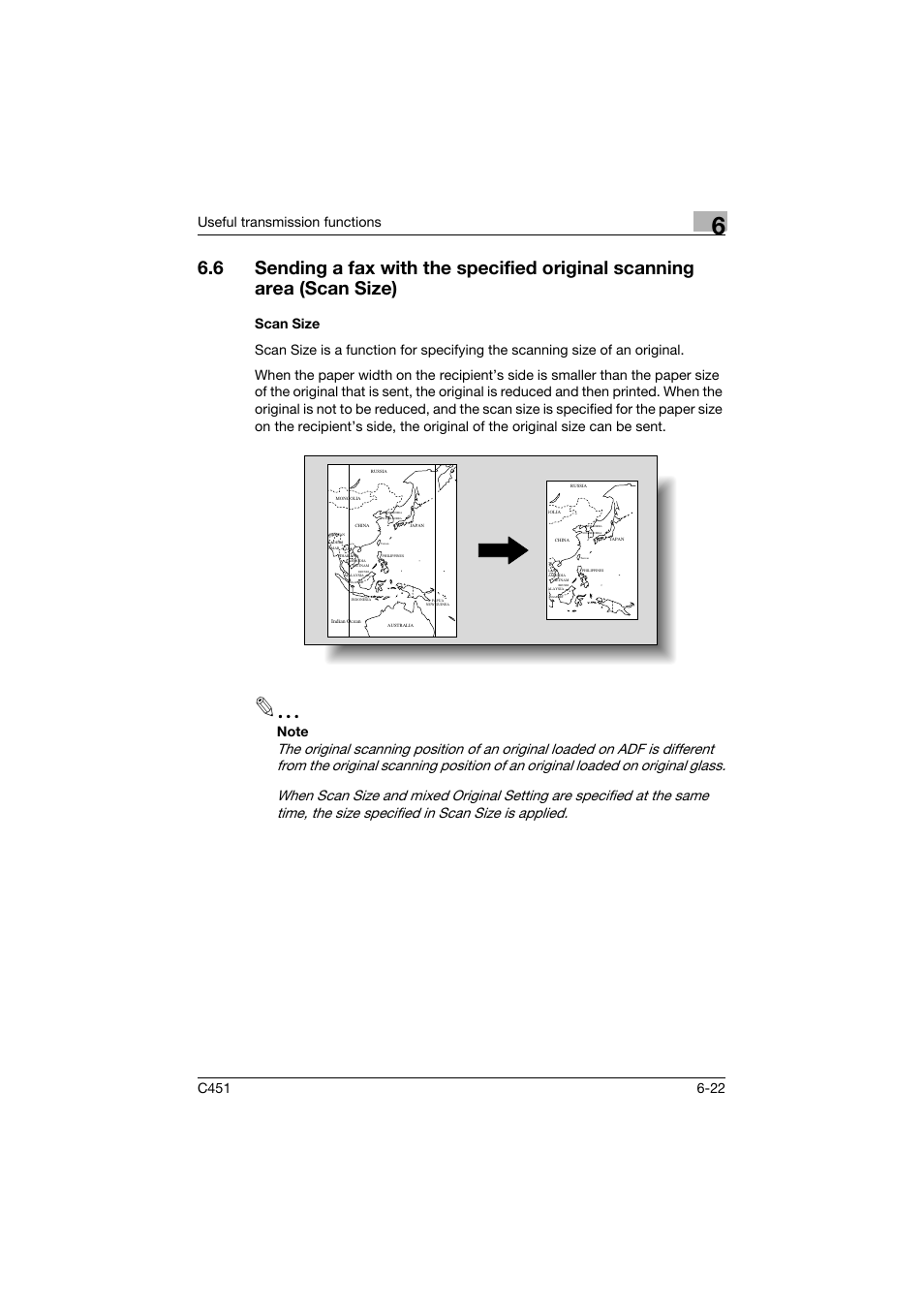 Scan size, Scan size -22, Useful transmission functions | Konica Minolta bizhub C451 User Manual | Page 163 / 399