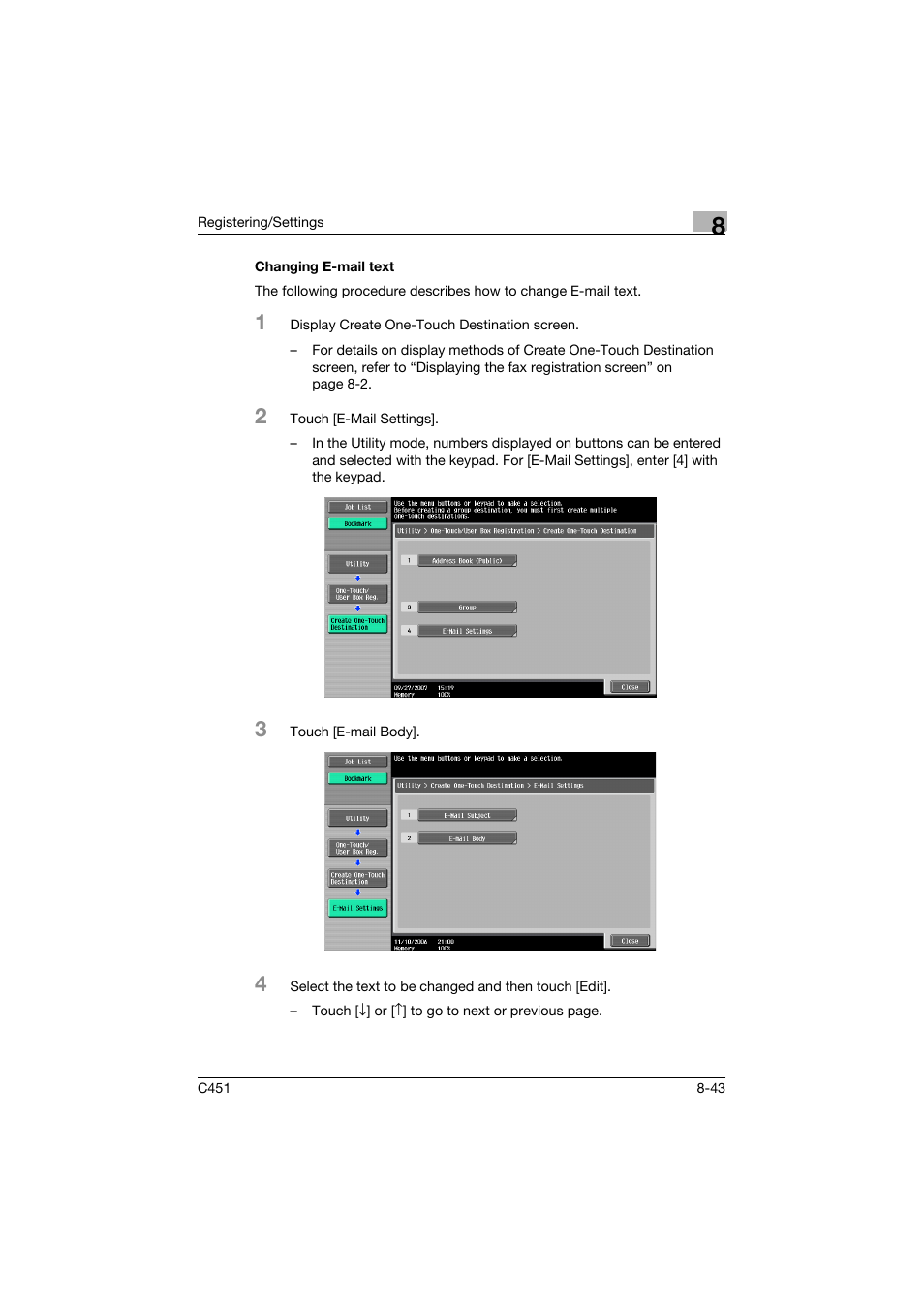Changing e-mail text, Changing e-mail text -43 | Konica Minolta bizhub C451 User Manual | Page 241 / 399