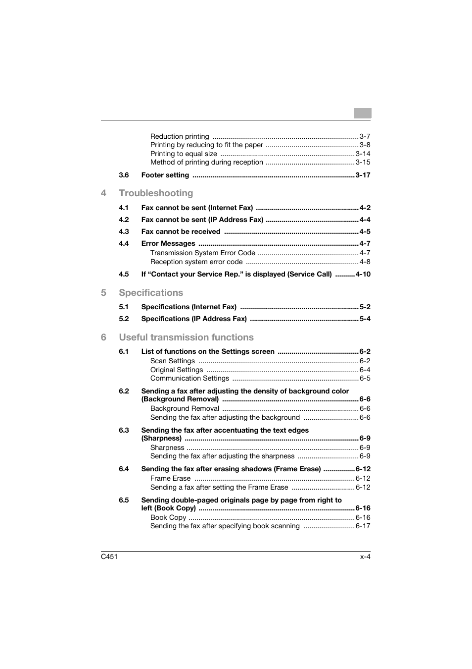 4troubleshooting, 5specifications, 6useful transmission functions | Konica Minolta bizhub C451 User Manual | Page 5 / 399