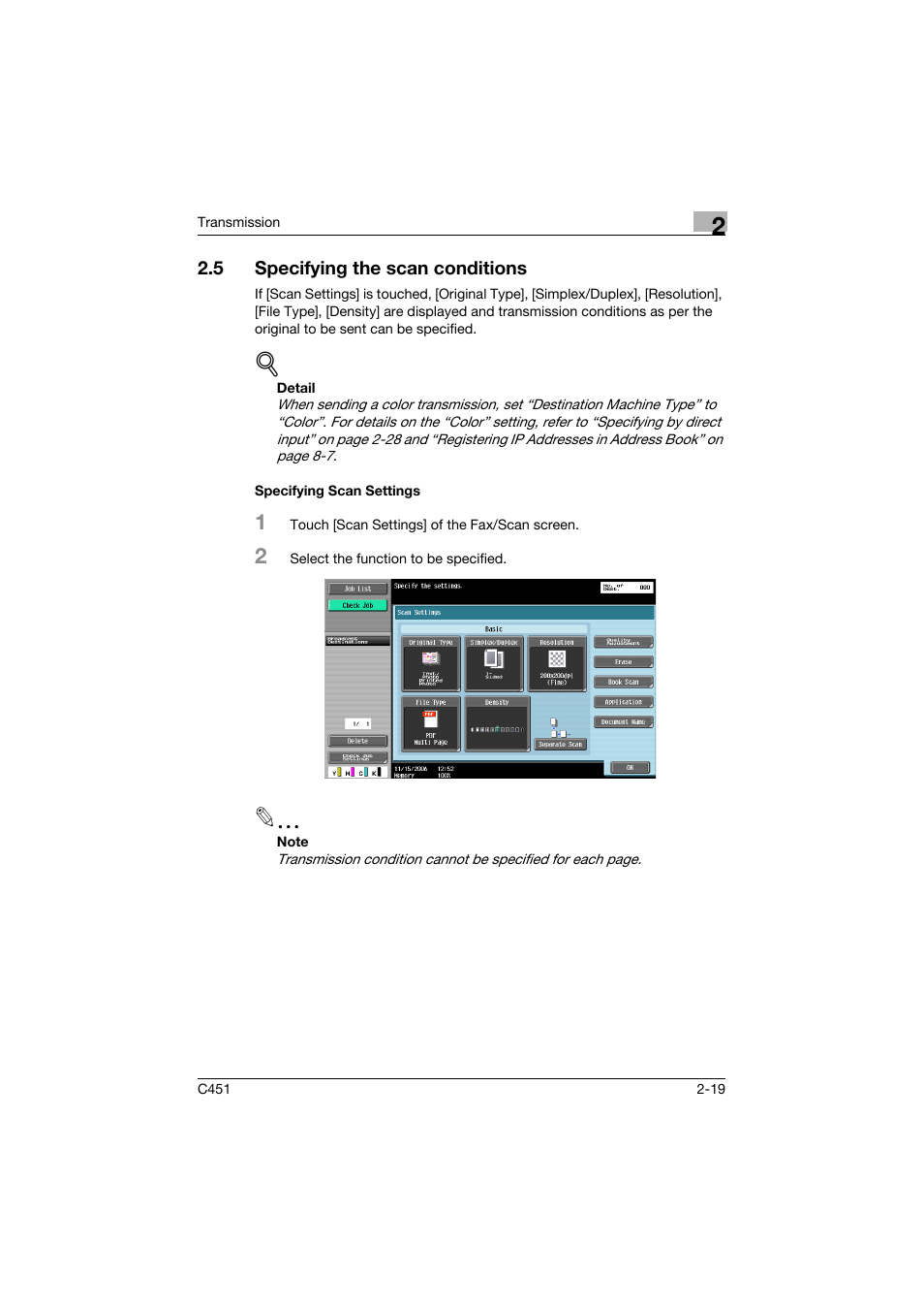 5 specifying the scan conditions, Specifying scan settings, Specifying the scan conditions -19 | Specifying scan settings -19 | Konica Minolta bizhub C451 User Manual | Page 62 / 399