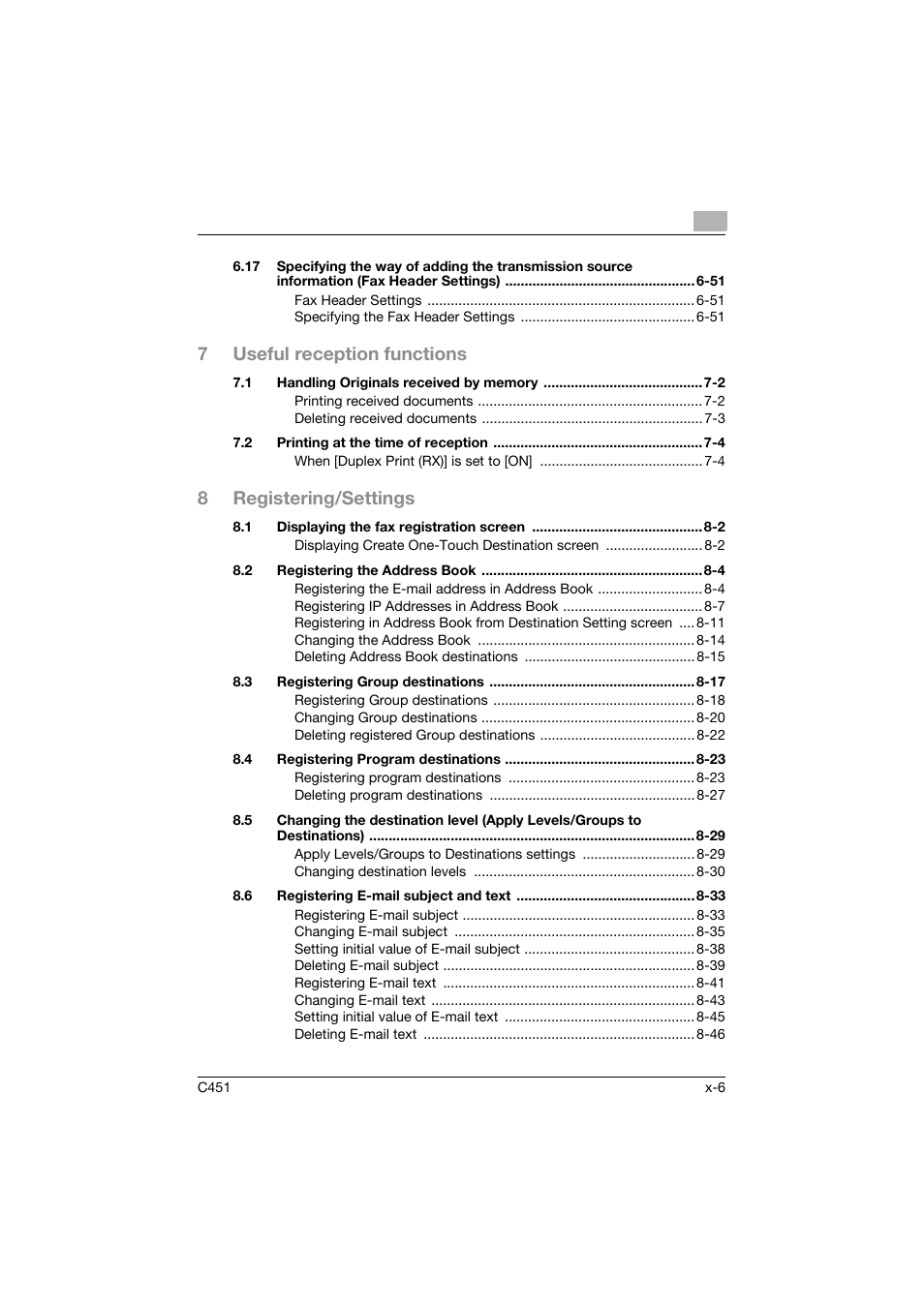 7useful reception functions, 8registering/settings | Konica Minolta bizhub C451 User Manual | Page 7 / 399