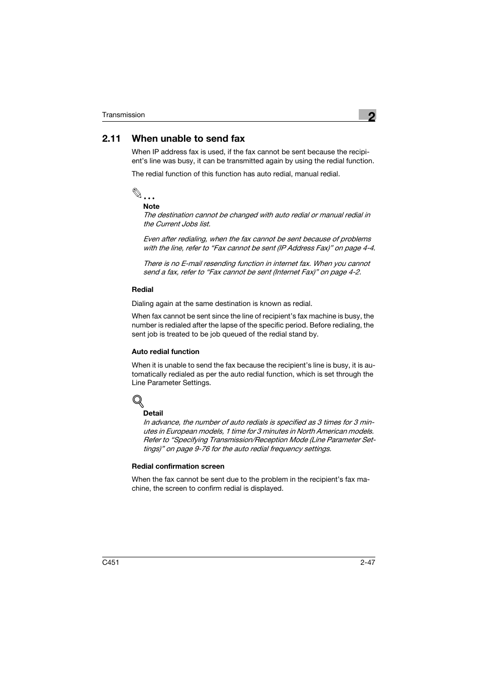 11 when unable to send fax, Redial, Auto redial function | Redial confirmation screen, When unable to send fax -47 | Konica Minolta bizhub C451 User Manual | Page 90 / 399