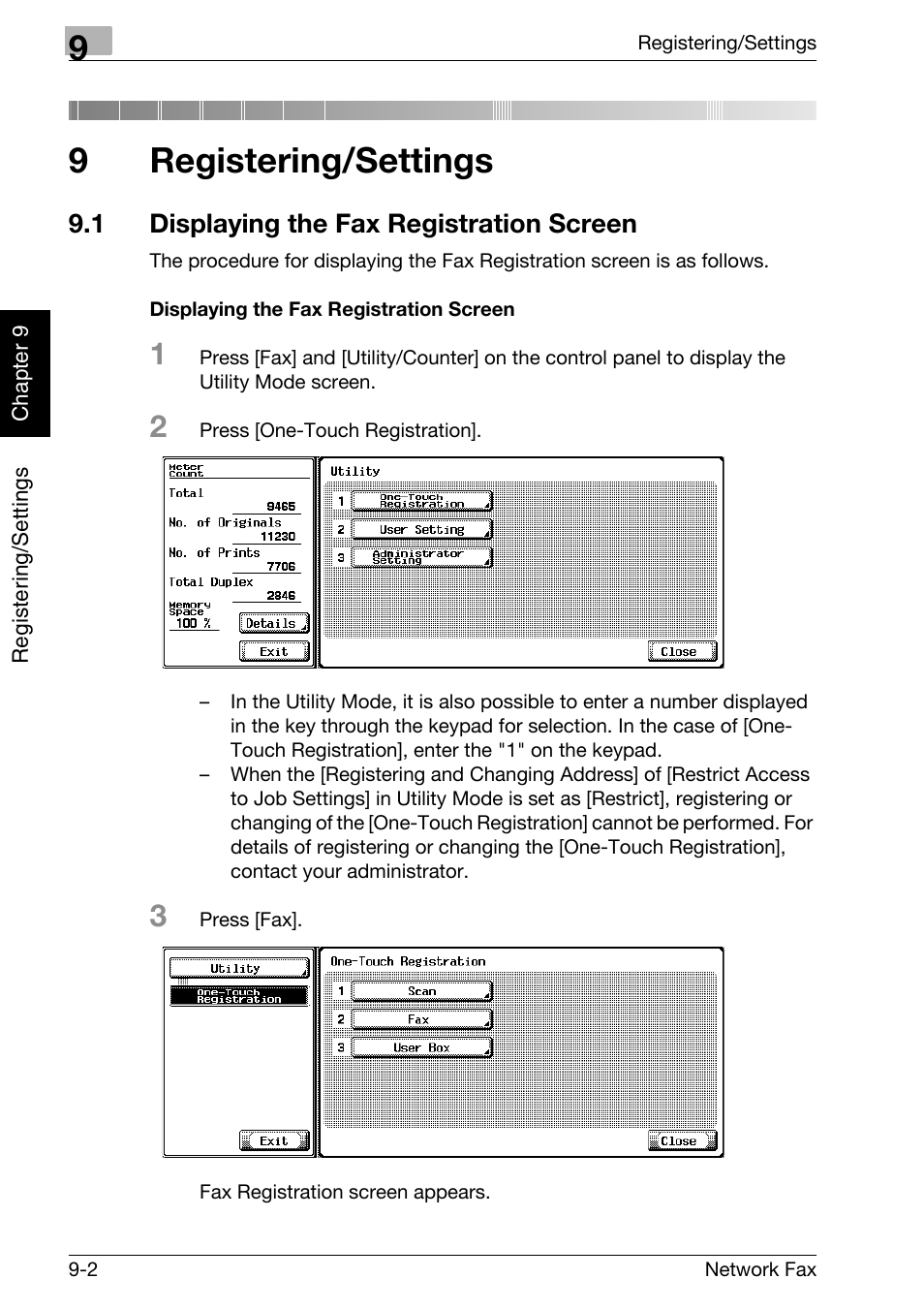 9 registering/settings, 1 displaying the fax registration screen, Displaying the fax registration screen | Registering/settings, Displaying the fax registration screen -2, 9registering/settings | Konica Minolta bizhub 360 User Manual | Page 155 / 334