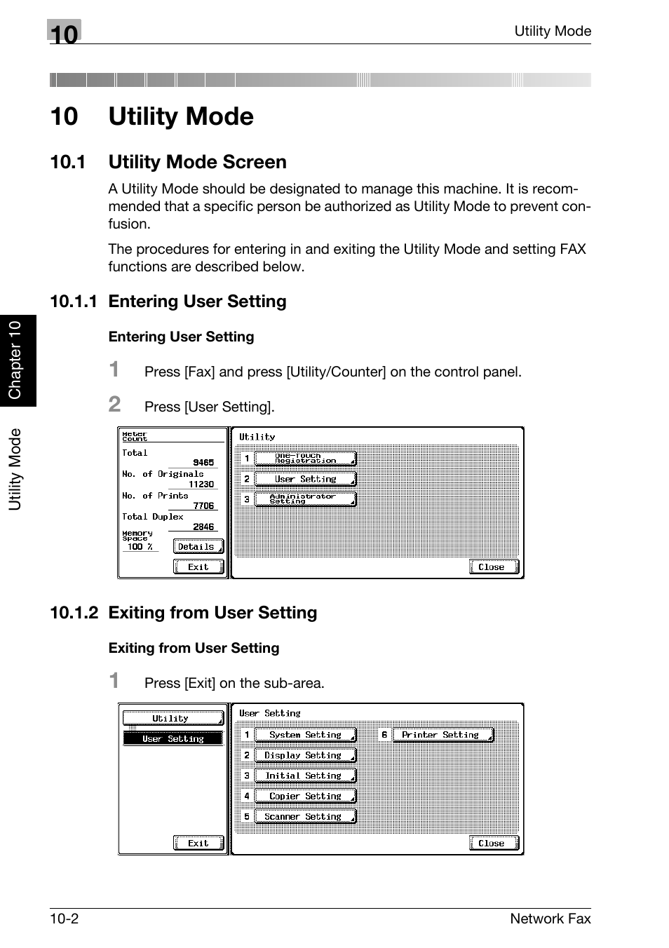 10 utility mode, 1 utility mode screen, 1 entering user setting | Entering user setting, 2 exiting from user setting, Exiting from user setting, Utility mode screen -2, Entering user setting -2, Exiting from user setting -2 | Konica Minolta bizhub 360 User Manual | Page 183 / 334