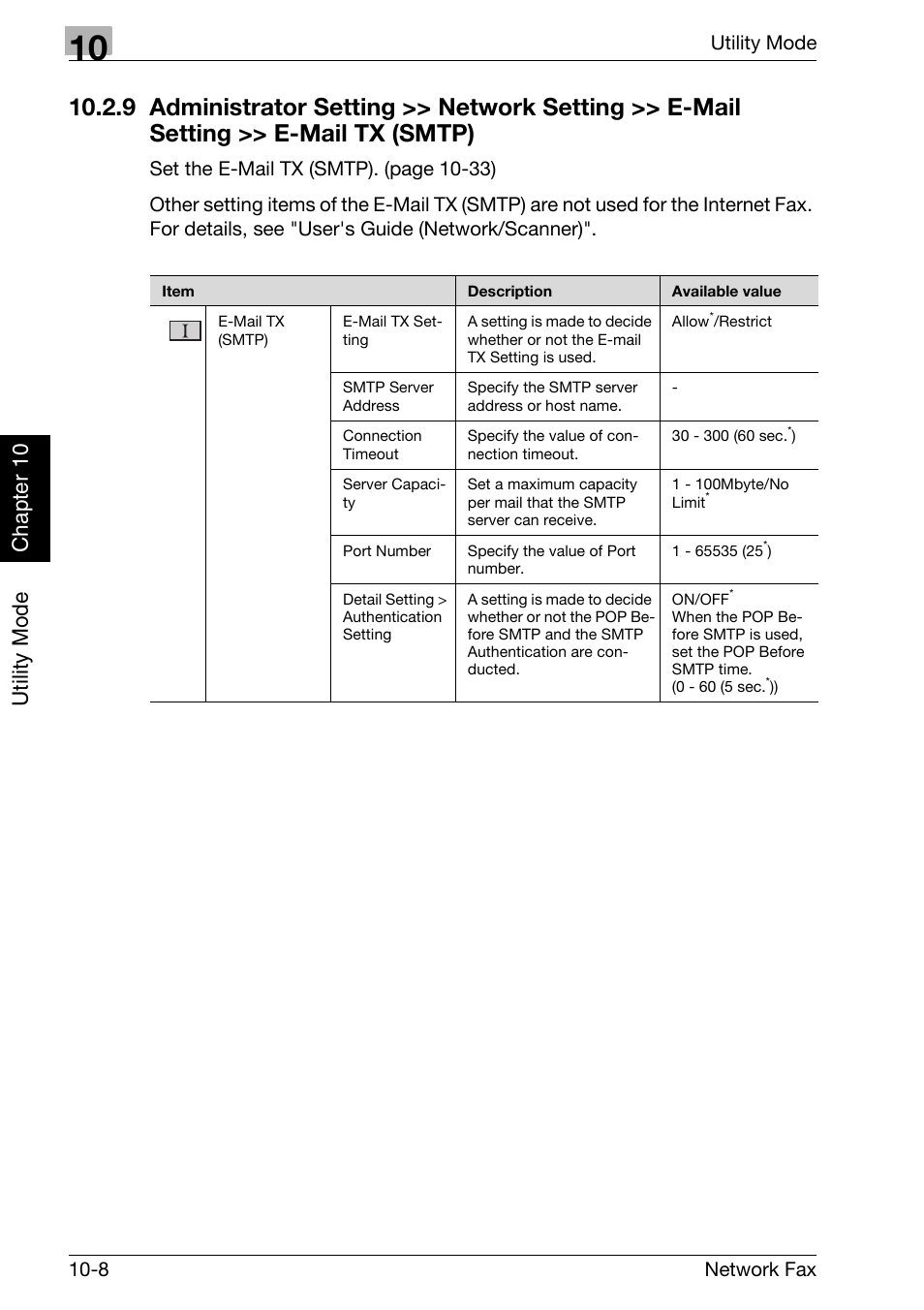 Administrator setting >> network setting, E-mail setting >> e-mail tx (smtp) -8, Utility mode chapter 10 | Utility mode 10-8 network fax | Konica Minolta bizhub 360 User Manual | Page 189 / 334