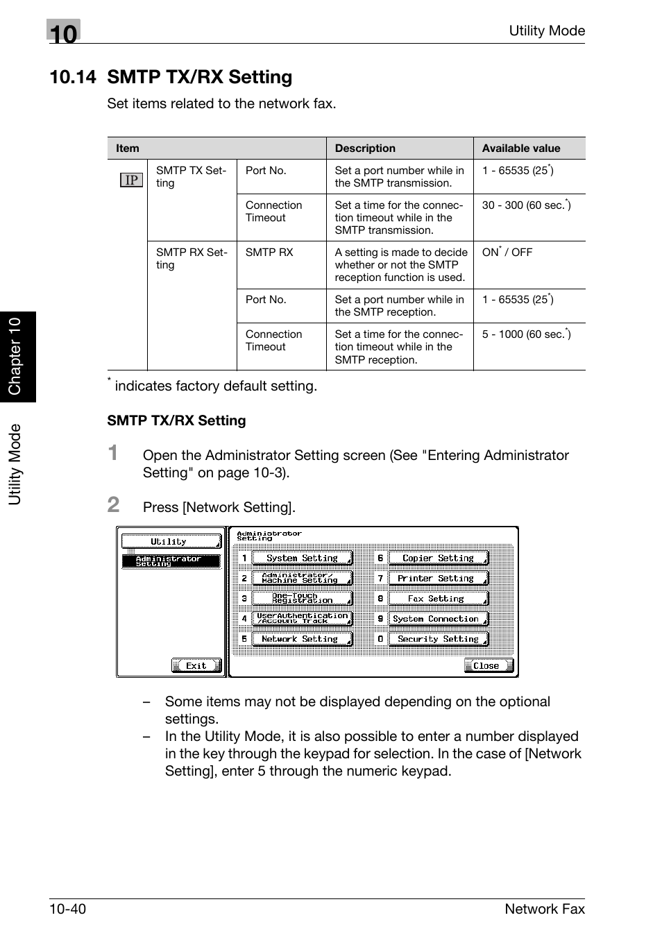 14 smtp tx/rx setting, Smtp tx/rx setting, 14 smtp tx/rx setting -40 | Utility mode chapter 10 | Konica Minolta bizhub 360 User Manual | Page 221 / 334