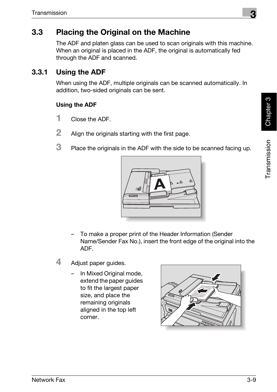 3 placing the original on the machine, 1 using the adf, Using the adf | Placing the original on the machine -9, Using the adf -9 | Konica Minolta bizhub 360 User Manual | Page 48 / 334