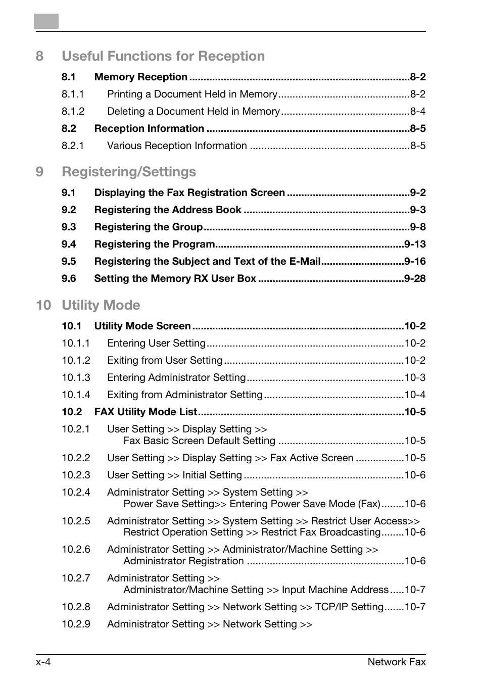 8useful functions for reception, 9registering/settings, 10 utility mode | Konica Minolta bizhub 360 User Manual | Page 5 / 334