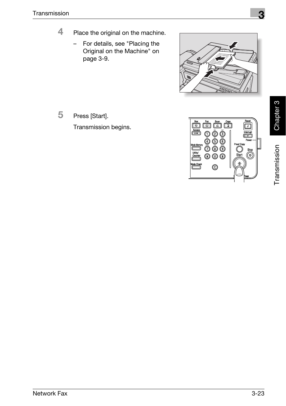 Tr an sm iss ion chapter 3, Transmission, Network fax 3-23 | Press [start]. transmission begins | Konica Minolta bizhub 360 User Manual | Page 62 / 334