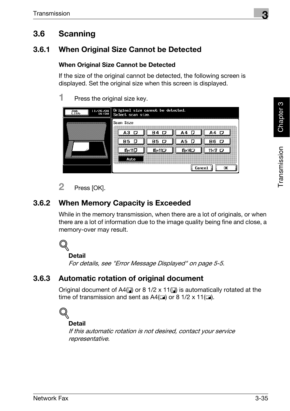 6 scanning, 1 when original size cannot be detected, When original size cannot be detected | 2 when memory capacity is exceeded, 3 automatic rotation of original document, Scanning -35, When original size cannot be detected -35, When memory capacity is exceeded -35, Automatic rotation of original document -35 | Konica Minolta bizhub 360 User Manual | Page 74 / 334