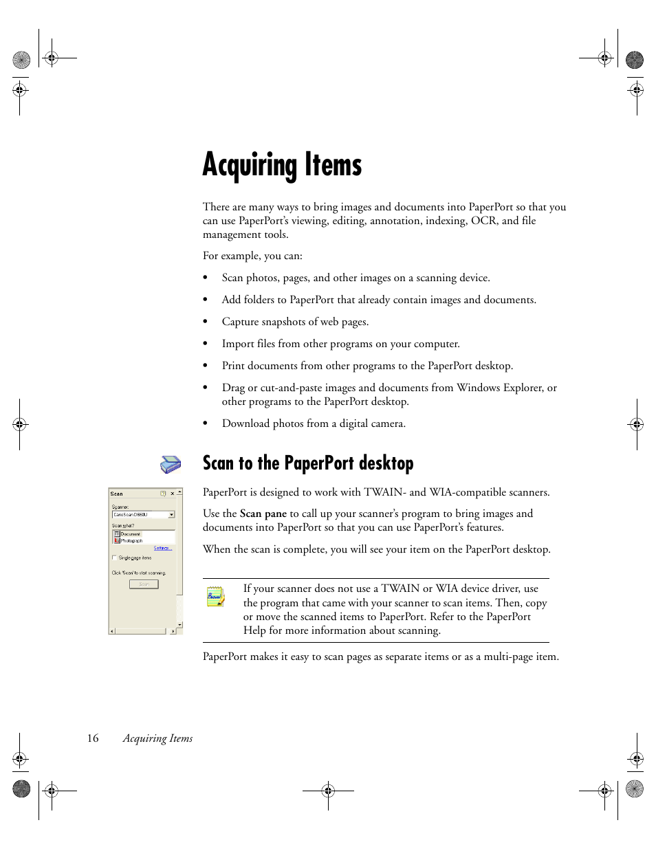 Acquiring items, Scan to the paperport desktop | Konica Minolta Unity User Manual | Page 16 / 35