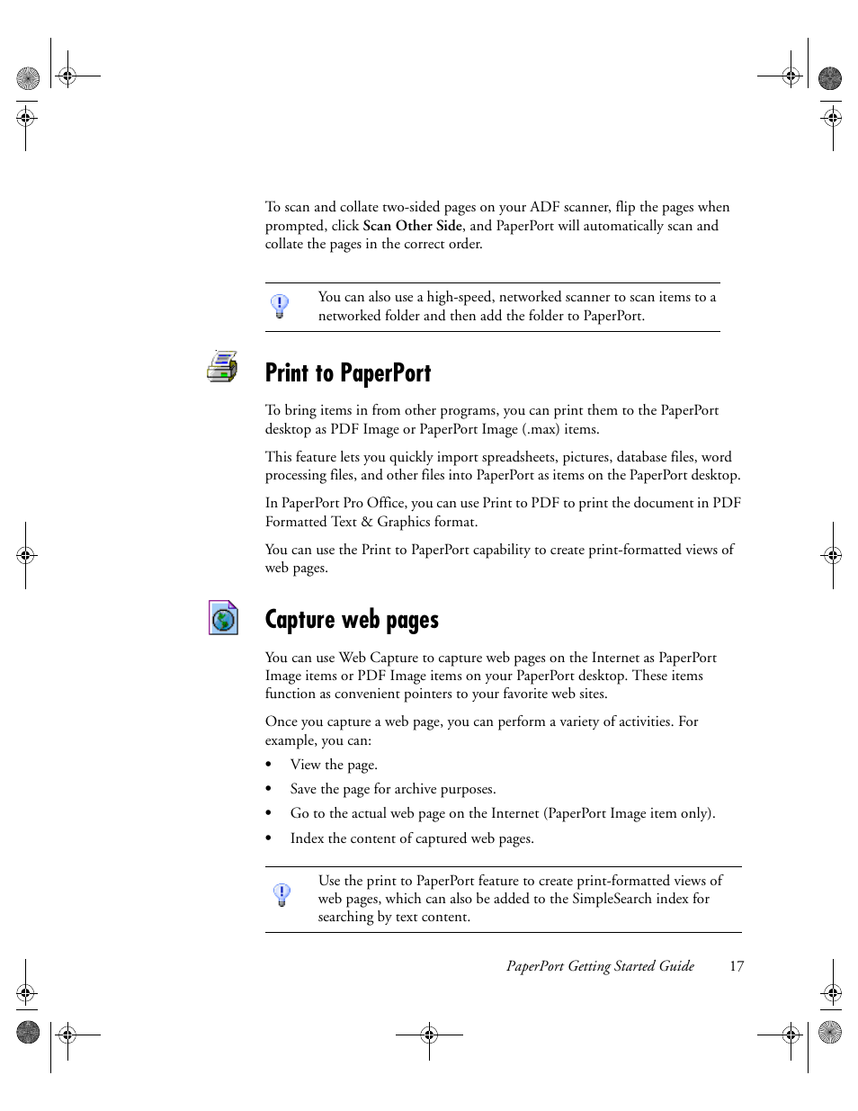 Print to paperport, Capture web pages | Konica Minolta Unity User Manual | Page 17 / 35