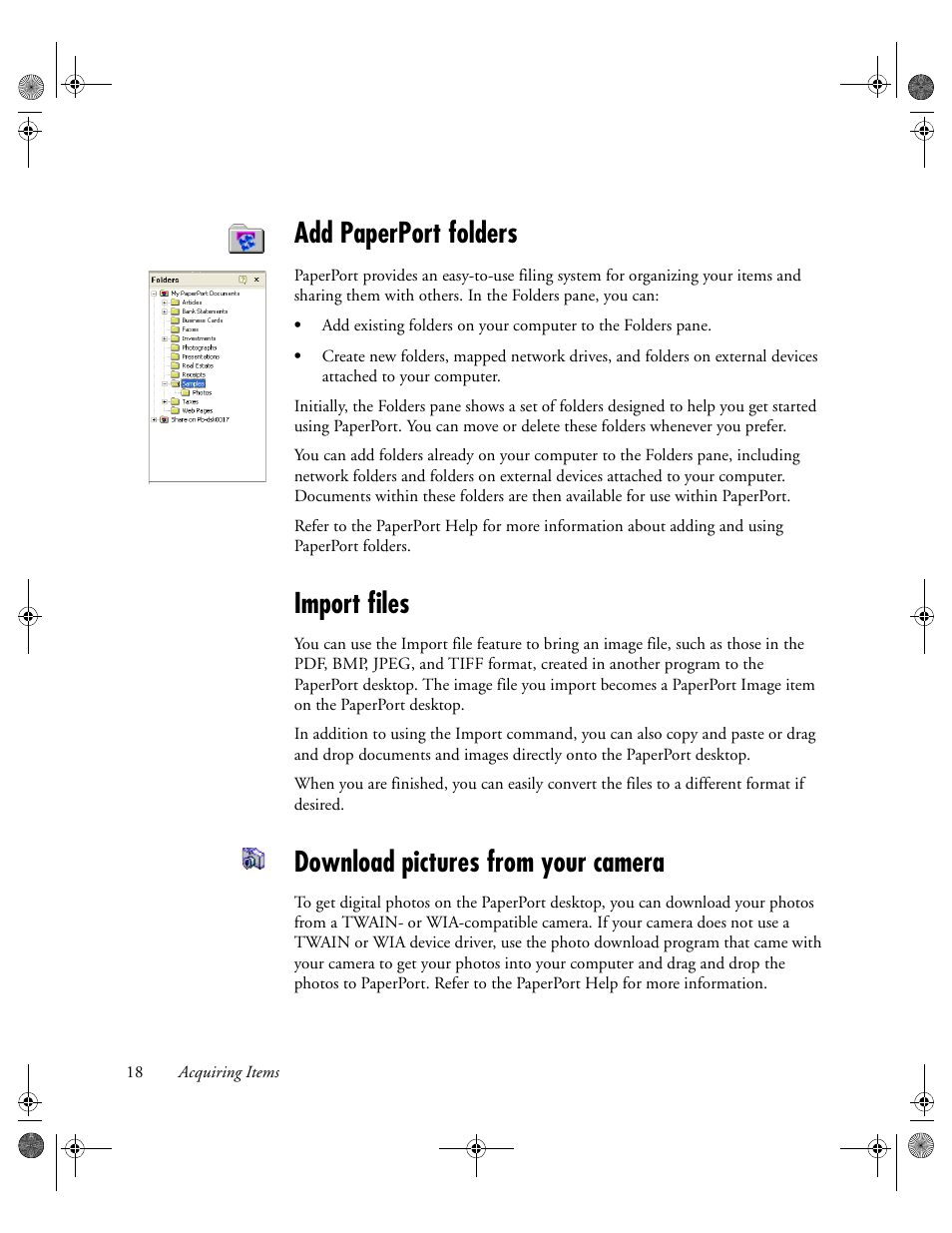 Add paperport folders, Import files, Download pictures from your camera | Konica Minolta Unity User Manual | Page 18 / 35