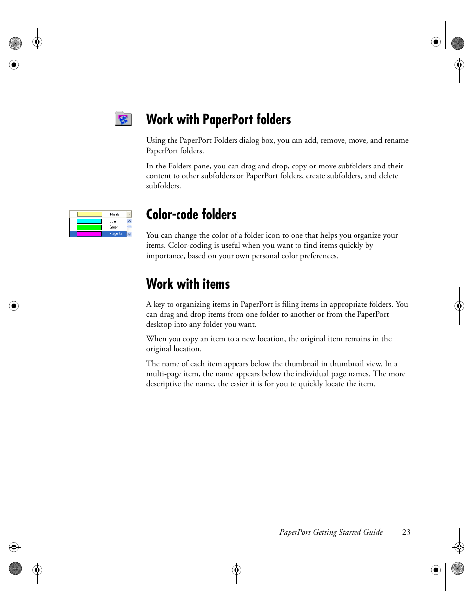 Work with paperport folders, Color-code folders, Work with items | Konica Minolta Unity User Manual | Page 23 / 35