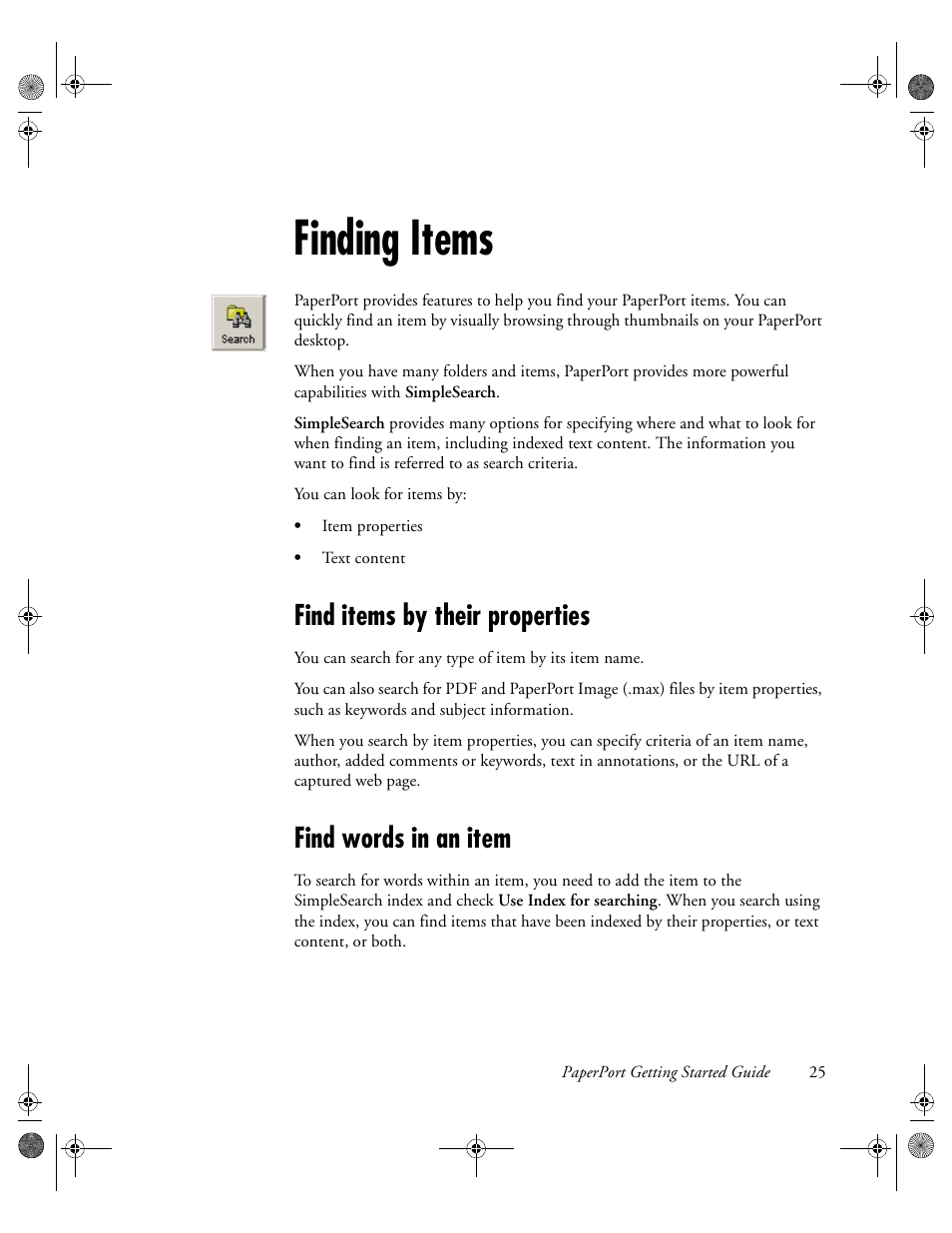 Finding items, Find items by their properties, Find words in an item | Konica Minolta Unity User Manual | Page 25 / 35