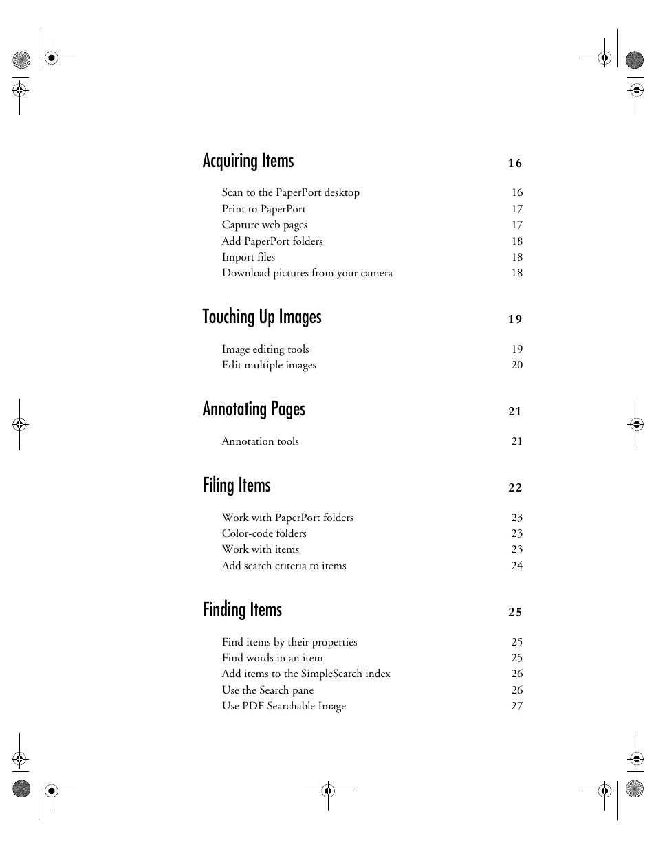 Acquiring items, Touching up images, Annotating pages | Filing items, Finding items | Konica Minolta Unity User Manual | Page 4 / 35