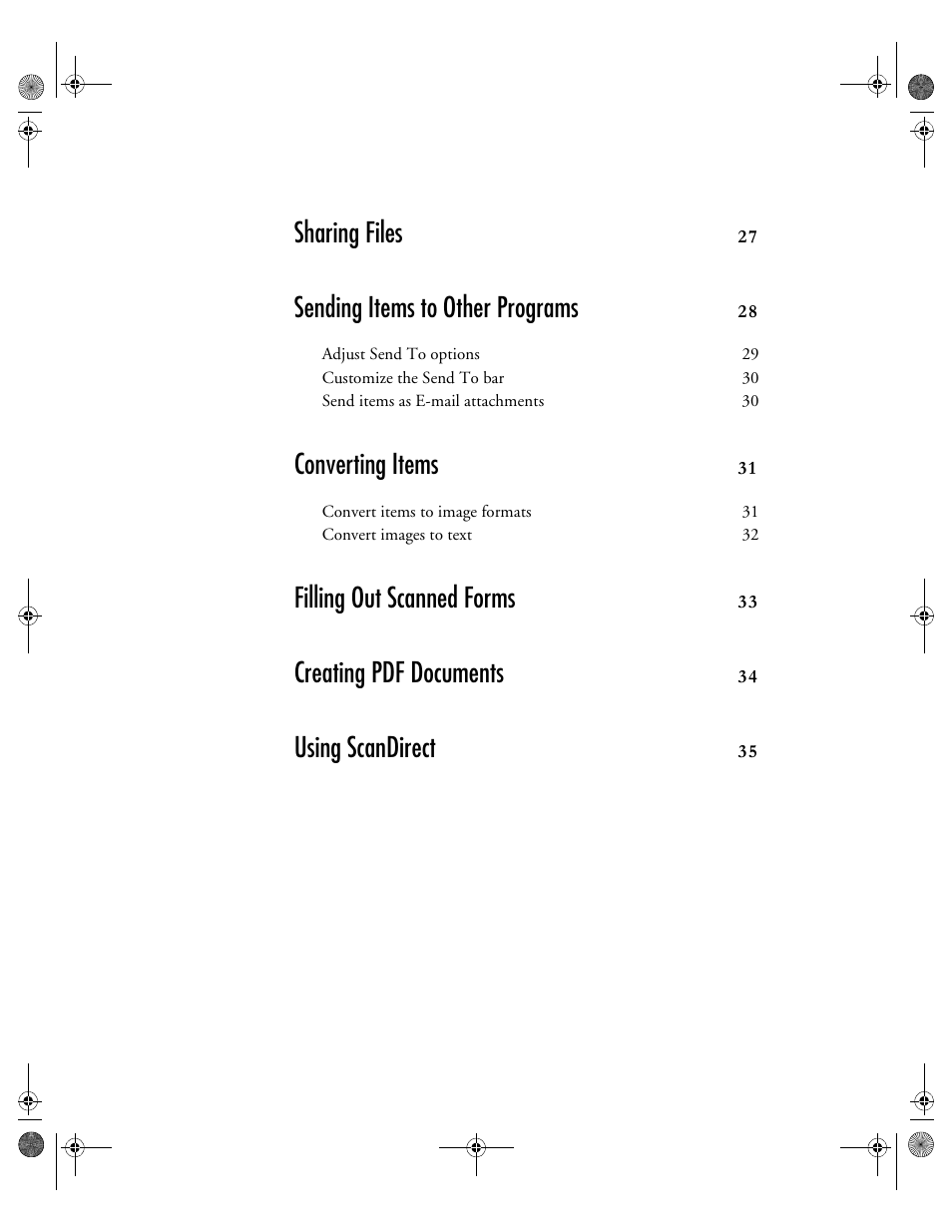 Sharing files, Sending items to other programs, Converting items | Filling out scanned forms, Creating pdf documents, Using scandirect | Konica Minolta Unity User Manual | Page 5 / 35