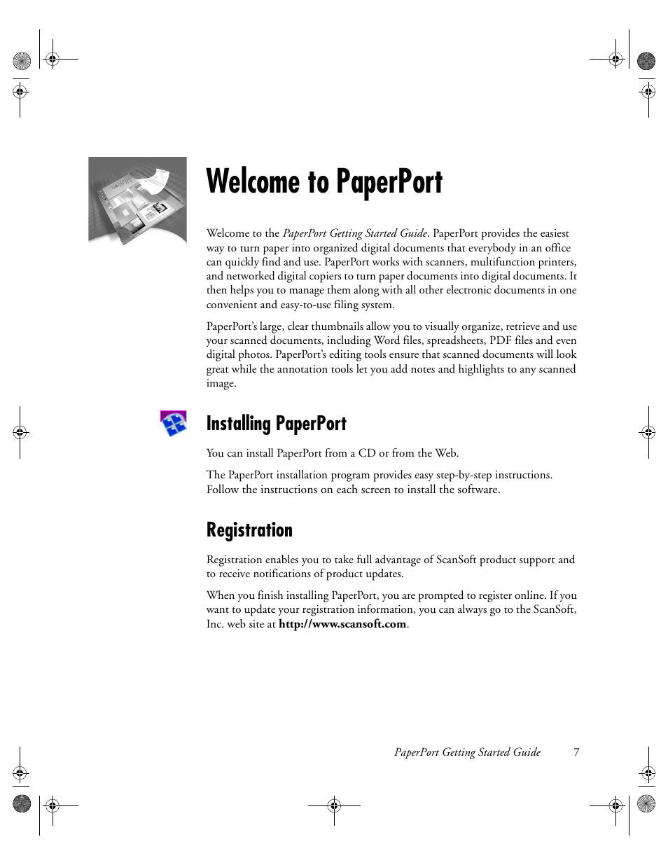 Welcome to paperport, Installing paperport, Registration | Konica Minolta Unity User Manual | Page 7 / 35