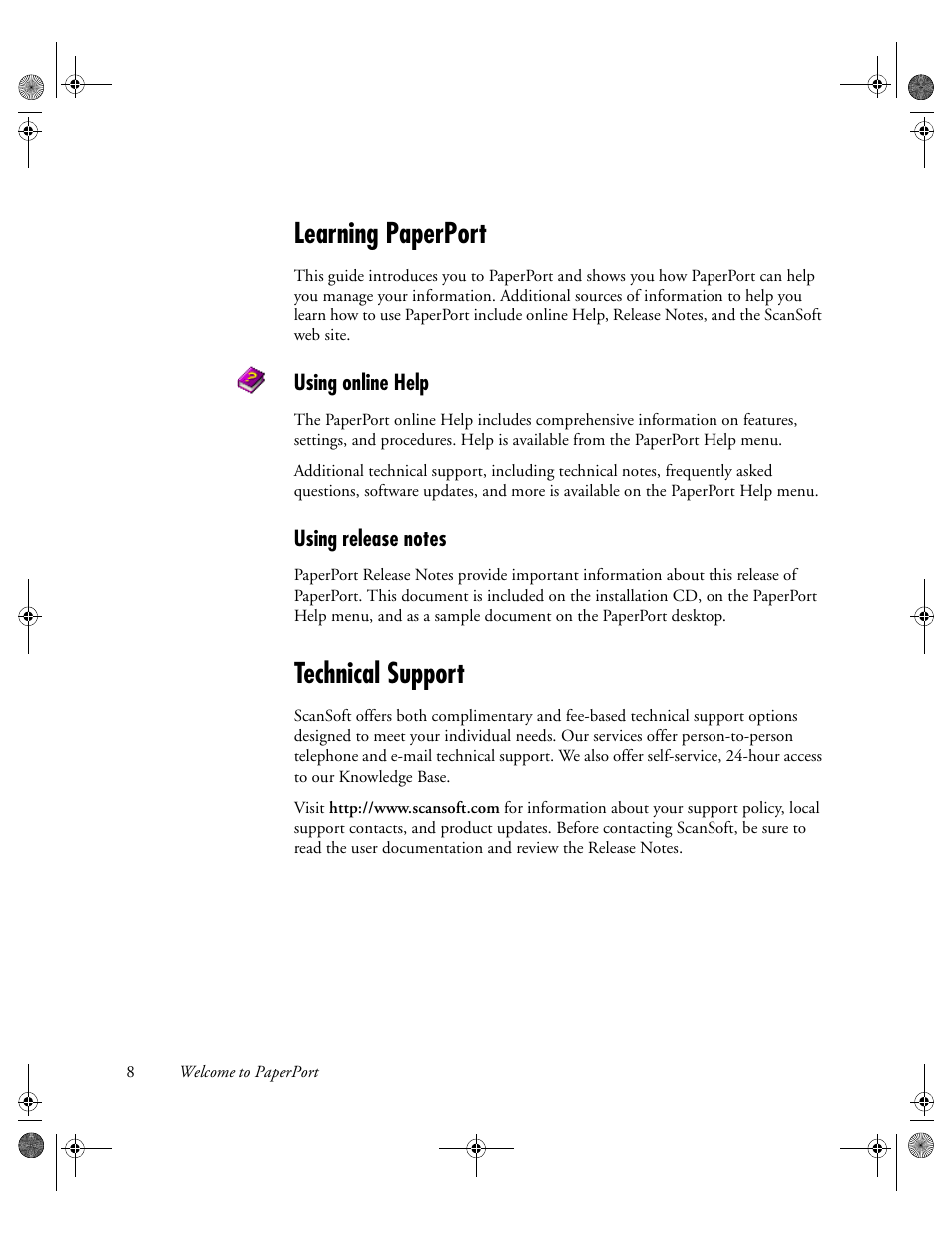 Learning paperport, Technical support, Using online help | Using release notes | Konica Minolta Unity User Manual | Page 8 / 35