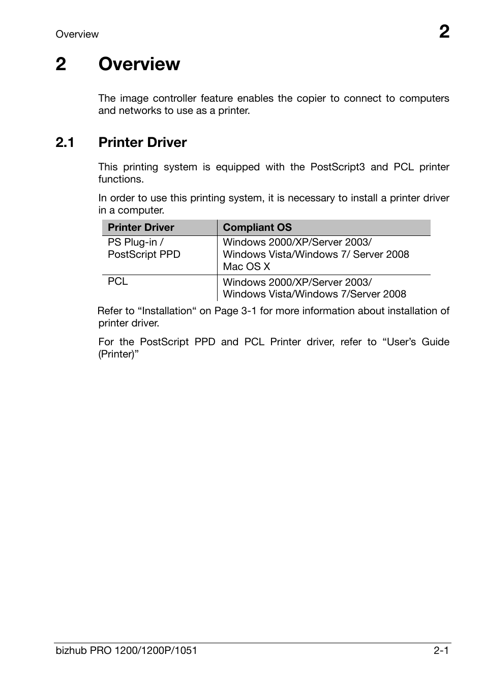 2 overview, 1 printer driver, Overview | Printer driver -1, 2overview | Konica Minolta bizhub PRO 1200 User Manual | Page 14 / 147