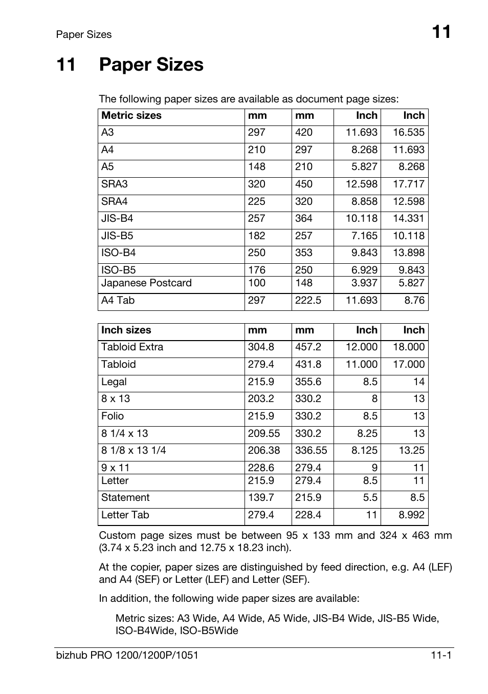 11 paper sizes, Paper sizes | Konica Minolta bizhub PRO 1200 User Manual | Page 143 / 147