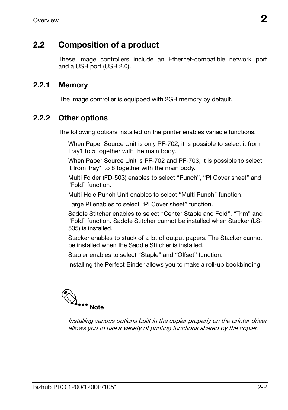 2 composition of a product, 1 memory, 2 other options | Composition of a product -2, Memory -2, Other options -2 | Konica Minolta bizhub PRO 1200 User Manual | Page 15 / 147