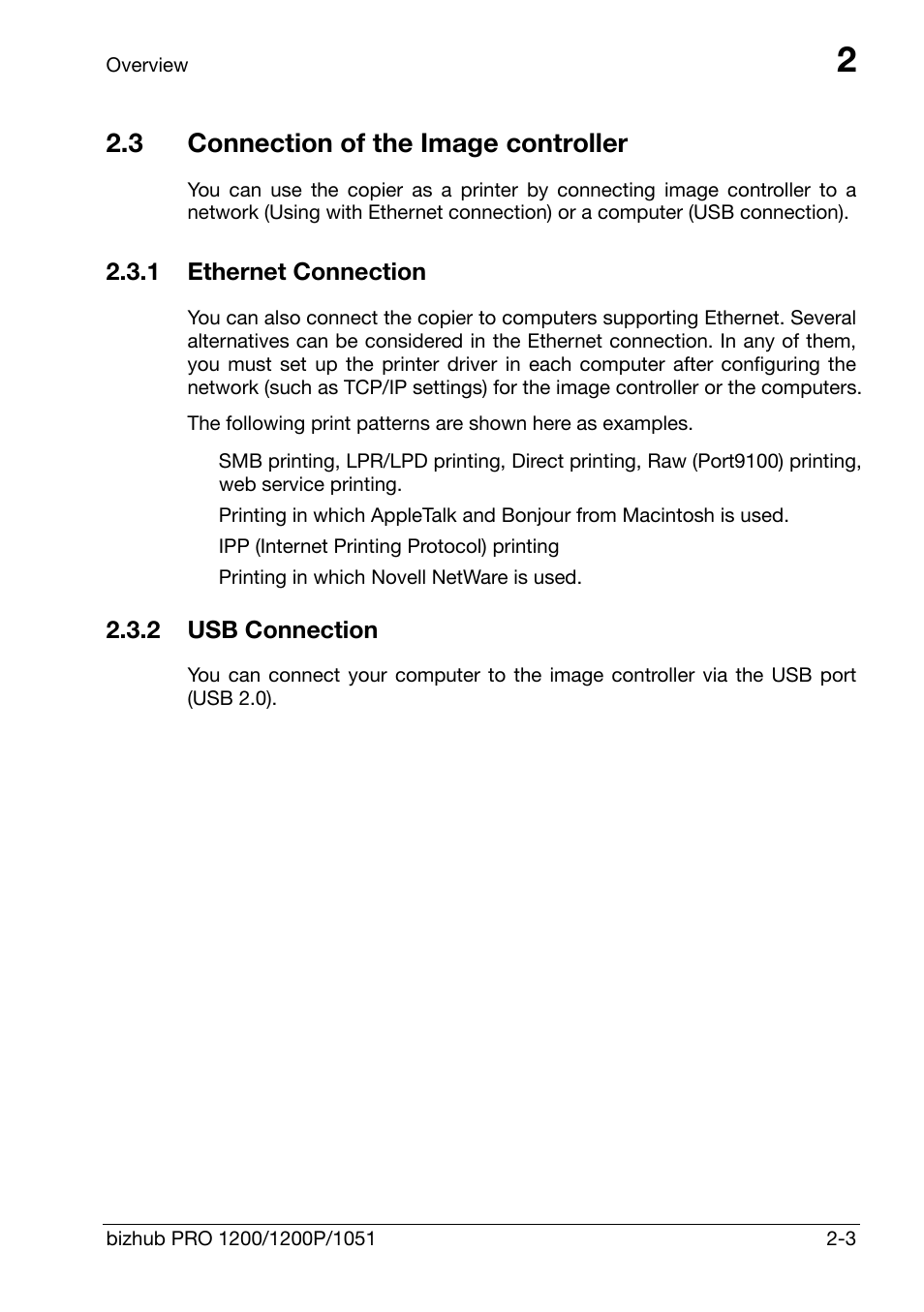 3 connection of the image controller, 1 ethernet connection, 2 usb connection | Connection of the image controller -3, Ethernet connection -3, Usb connection -3 | Konica Minolta bizhub PRO 1200 User Manual | Page 16 / 147