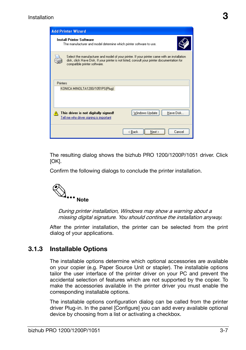 3 installable options, Installable options -7 | Konica Minolta bizhub PRO 1200 User Manual | Page 26 / 147