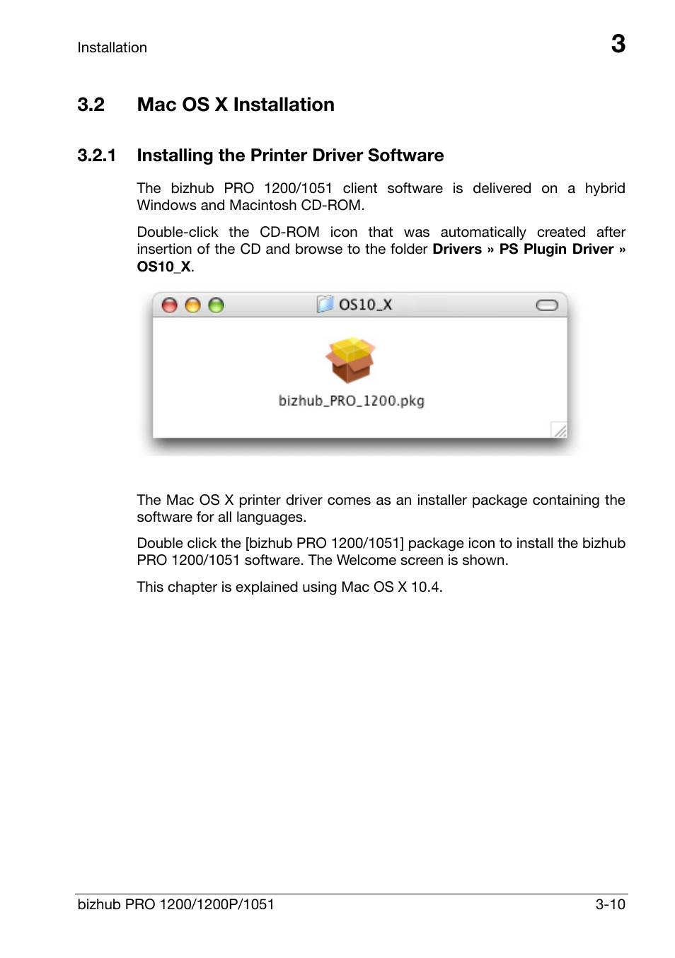 2 mac os x installation, 1 installing the printer driver software, Mac os x installation -10 | Installing the printer driver software -10 | Konica Minolta bizhub PRO 1200 User Manual | Page 29 / 147